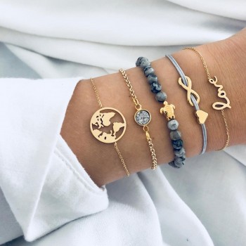 5 Pcs/ Set Turtle Map Heart Letter Love Crystal Beads Chain Multilayer Charm Bracelets Sets for Women Girl Bohemian Jewelry Gifs