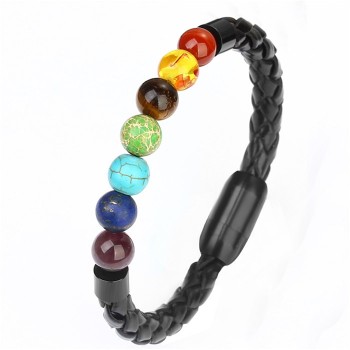 Louleur New Fashion Charm Male Leather Bracelet Lava Chakra Stone Beads Black Stainless Bracelets amp; Bangles For Men Punk Jewelry