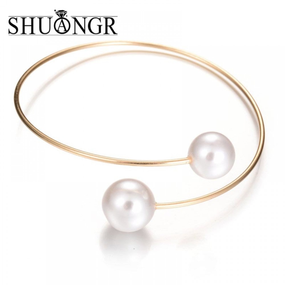 New Wedding Jewelry Gold/Silver Plated Open Cuff Bracelets Simple Double Simulated Pearl Ball Bead Adjustable Bangles For Women