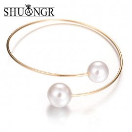 New Wedding Jewelry Gold/Silver Plated Open Cuff Bracelets Simple Double Simulated Pearl Ball Bead Adjustable Bangles For Women