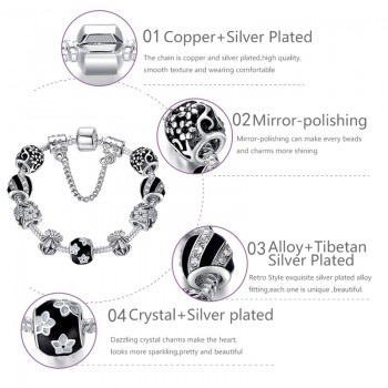 Authentic 925 Enamel Silver Crystal Beads Charms Bracelet For Women With Safety Chain Strand Bracelet Bangle Mothers Day Gift