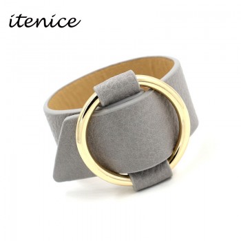 Itenice Charm Europe Big Leather Bracelet For Women Classic Alloy Round Adjustable Wide Leather Bracelet New Year Hand Jewelry