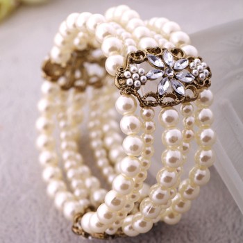 Fashion Layered Simulated Pearl Bracelet Jewelry Women Beaded Elastic Bridal Bracelet