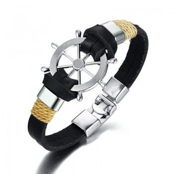 Vnox Rudder Design Men Bracelet Bangle Double Layer Leather Classic Vintage Daily Sport Sailing Jewelry