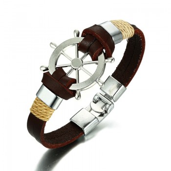Vnox Rudder Design Men Bracelet Bangle Double Layer Leather Classic Vintage Daily Sport Sailing Jewelry