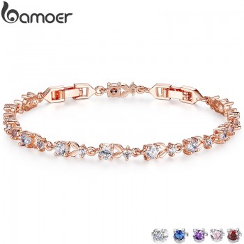 BAMOER 6 Colors Luxury Rose Gold Color Chain Link Bracelet for Women Ladies Shining AAA Cubic Zircon Crystal Jewelry JIB013
