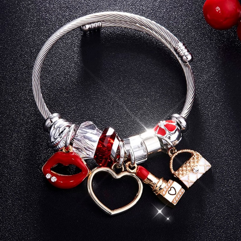 Charm Women Bracelet Silver Color Chain Red Lips Big Heart Crystal Bead Female Cuff Bracelets amp; Bangles Jewelry Valentines Gift
