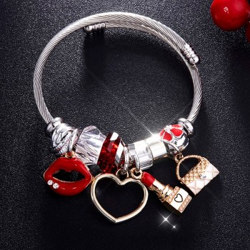 Charm Women Bracelet Silver Color Chain Red Lips Big Heart Crystal Bead Female Cuff Bracelets amp; Bangles Jewelry Valentines Gift