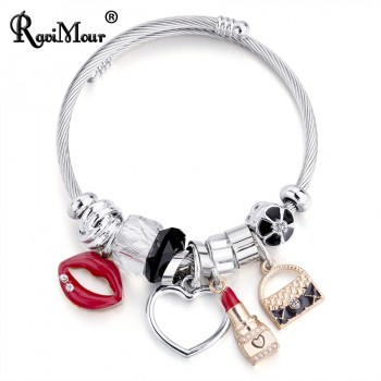 Charm Women Bracelet Silver Color Chain Red Lips Big Heart Crystal Bead Female Cuff Bracelets amp; Bangles Jewelry Valentines Gift