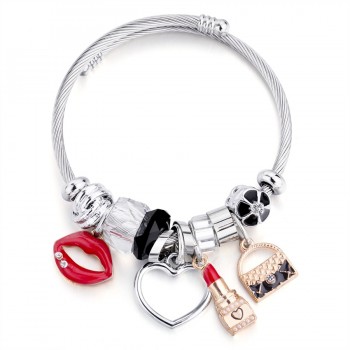 Charm Women Bracelet Silver Color Chain Red Lips Big Heart Crystal Bead Female Cuff Bracelets amp; Bangles Jewelry Valentines Gift