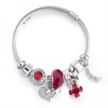Charm Women Bracelet Silver Color Chain Red Lips Big Heart Crystal Bead Female Cuff Bracelets amp; Bangles Jewelry Valentines Gift