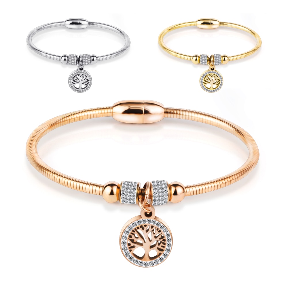 Hollow Tree Flower Bracelets For Women Stainless Steel Crystal Charm Bracelets Magnet Bangles