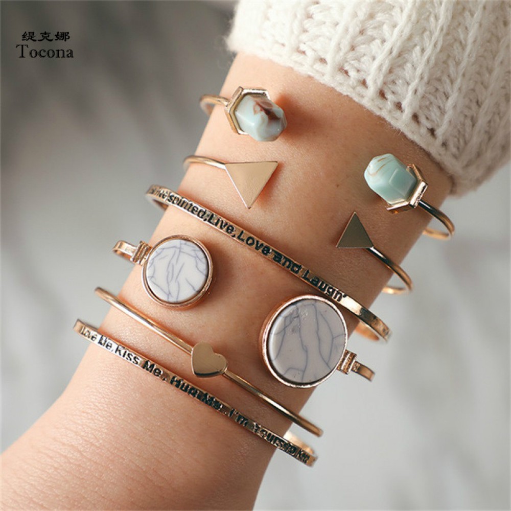 Tocona 6PCS/Set Bohemia Heart Triangle Resin Letter Charm Opening Bracelets Set Gold Alloy Bangle Jewelry for Women 6892