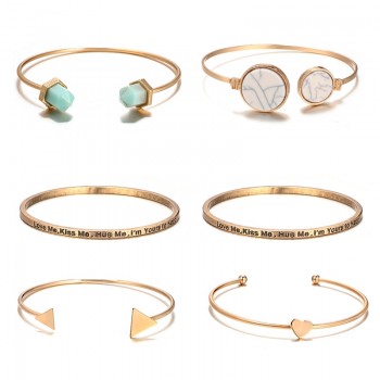 Tocona 6PCS/Set Bohemia Heart Triangle Resin Letter Charm Opening Bracelets Set Gold Alloy Bangle Jewelry for Women 6892