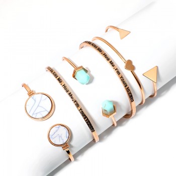Tocona 6PCS/Set Bohemia Heart Triangle Resin Letter Charm Opening Bracelets Set Gold Alloy Bangle Jewelry for Women 6892