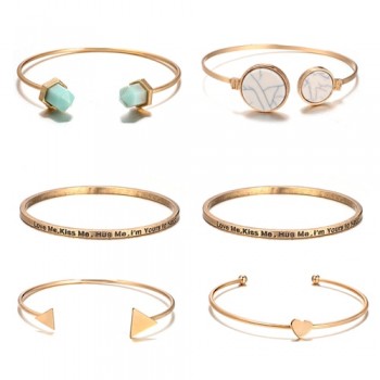 Tocona 6PCS/Set Bohemia Heart Triangle Resin Letter Charm Opening Bracelets Set Gold Alloy Bangle Jewelry for Women 6892