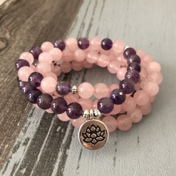 Hottest Woman Mala Necklace amp; bracelets For Women Rose Quartzs Amethysts Yoga Bracelet Mala Lotus 108 Beads Pink Bracelet