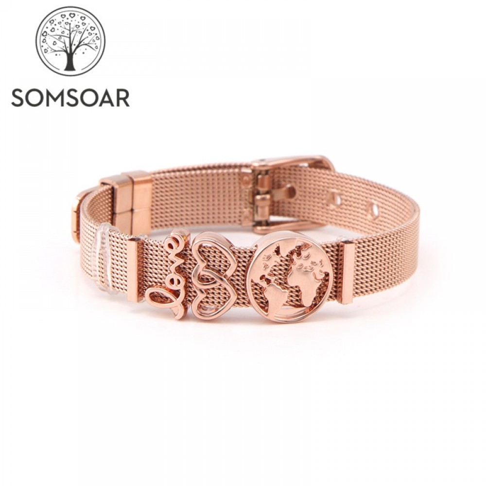 Somsoar Jewelry Rose Gold SOULMA WORLD Charm Bracelet Set TRAVEL EXPLORE LIVE Mesh Bracelet set with Map Charms for Women