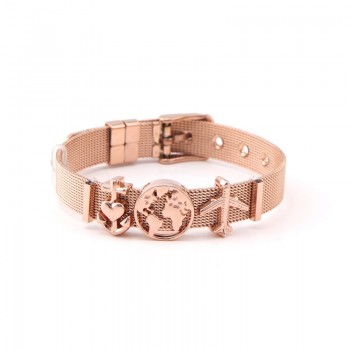 Somsoar Jewelry Rose Gold SOULMA WORLD Charm Bracelet Set TRAVEL EXPLORE LIVE Mesh Bracelet set with Map Charms for Women