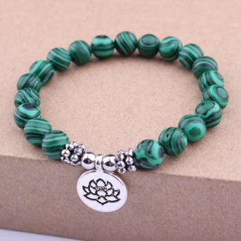 Handmade Jewelry DIY Malachite Beads Yoga Chakra Lotus Buddha Bracelet Women Mens Strand Charm Bracelet