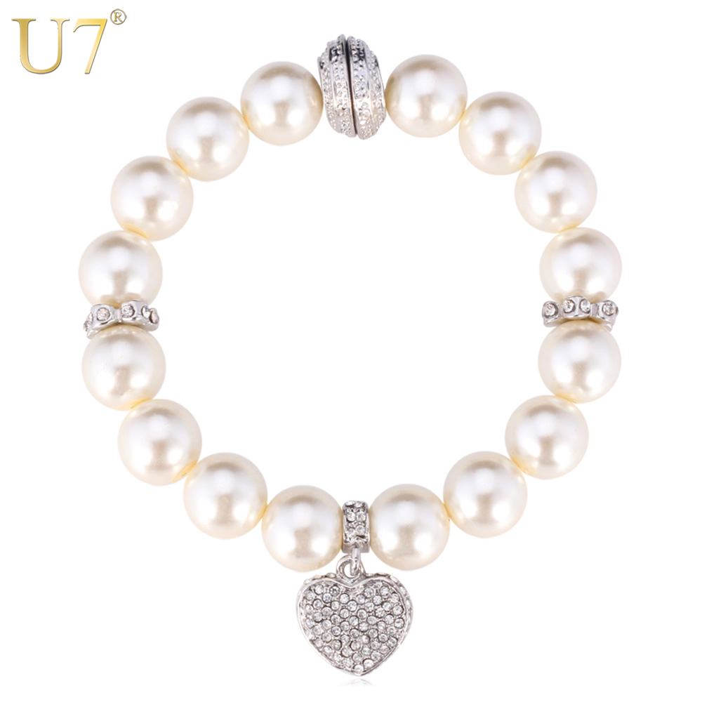 U7 White Pearl Bracelet Trendy Round Pearl Rhinestone Heart Jewelry Gift Women Strand Pink Bracelets  H567