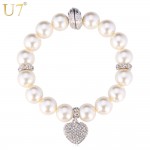 U7 White Pearl Bracelet Trendy Round Pearl Rhinestone Heart Jewelry Gift Women Strand Pink Bracelets  H567