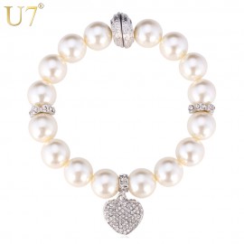U7 White Pearl Bracelet Trendy Round Pearl Rhinestone Heart Jewelry Gift Women Strand Pink Bracelets  H567
