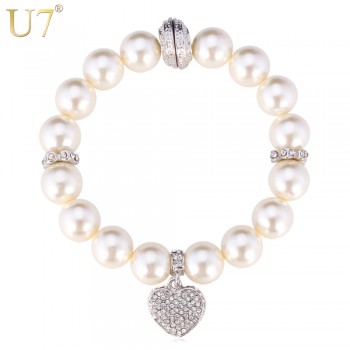 U7 White Pearl Bracelet Trendy Round Pearl Rhinestone Heart Jewelry Gift Women Strand Pink Bracelets  H567