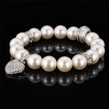 U7 White Pearl Bracelet Trendy Round Pearl Rhinestone Heart Jewelry Gift Women Strand Pink Bracelets  H567