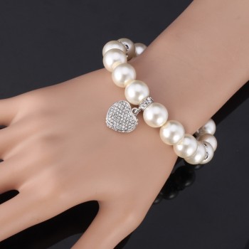U7 White Pearl Bracelet Trendy Round Pearl Rhinestone Heart Jewelry Gift Women Strand Pink Bracelets  H567