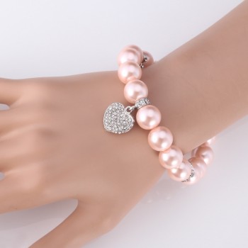 U7 White Pearl Bracelet Trendy Round Pearl Rhinestone Heart Jewelry Gift Women Strand Pink Bracelets  H567
