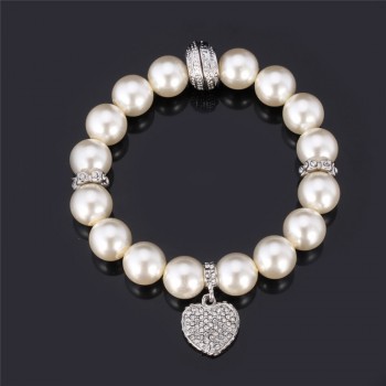 U7 White Pearl Bracelet Trendy Round Pearl Rhinestone Heart Jewelry Gift Women Strand Pink Bracelets  H567