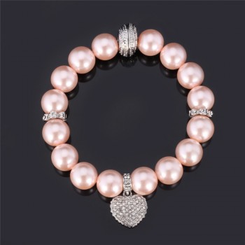 U7 White Pearl Bracelet Trendy Round Pearl Rhinestone Heart Jewelry Gift Women Strand Pink Bracelets  H567