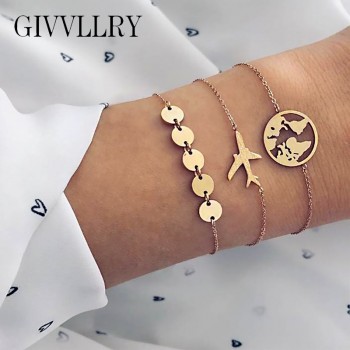 GIVVLLRY World Map Airplane Travel Charm Bracelets for Women Creative Geometric Gold Metal Sequins Chain Bracelets Set Jewelry