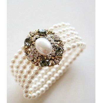 Hot selling Elegant 5 Strands Pearl   Rhinestones Oval Icon Elastic Bracelet B66
