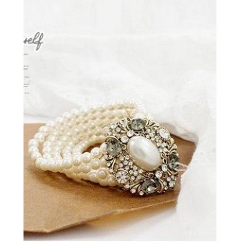 Hot selling Elegant 5 Strands Pearl   Rhinestones Oval Icon Elastic Bracelet B66