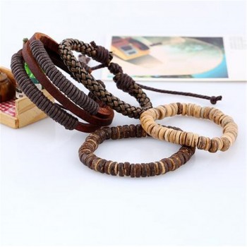 ZOSHI Fashion 4pcs 1 Set Punk Genuine Wrap Leather Bracelets Men For Women Charm Wood Beads Bracelets Cuff Jewelry Accessories