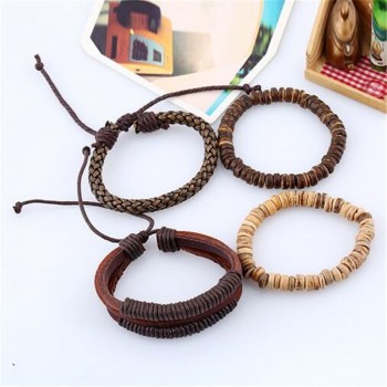 ZOSHI Fashion 4pcs 1 Set Punk Genuine Wrap Leather Bracelets Men For Women Charm Wood Beads Bracelets Cuff Jewelry Accessories