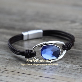 Anslow New Designer Hot Sale Fashion Jewelry Charms Bijoux Crystal Genuine Leather Bracelet For Women Lady Female Gift LOW0719LB