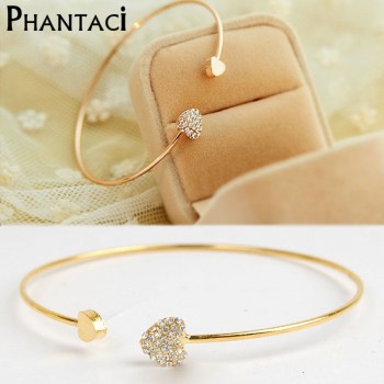 Gold Color Heart Shaped Metal Crystal Cuff Bracelets amp; Bangles Adjustable Charm Bangle For Women Fashion Jewelry