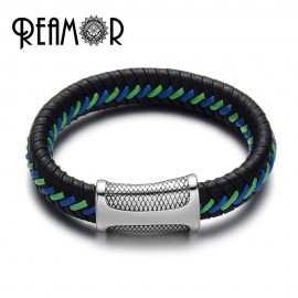 REAMOR Genuine Leather Colorful Silk Braided Men Bracelets Stainless Steel Designed Magnetic Buckle Cuff Bangles Luxury Jewelry
