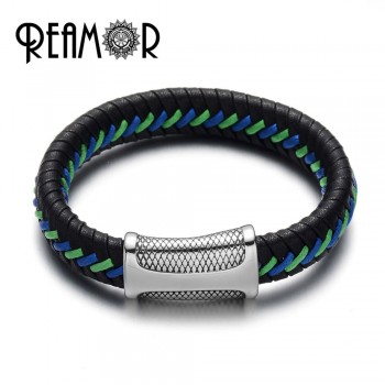 REAMOR Genuine Leather Colorful Silk Braided Men Bracelets Stainless Steel Designed Magnetic Buckle Cuff Bangles Luxury Jewelry