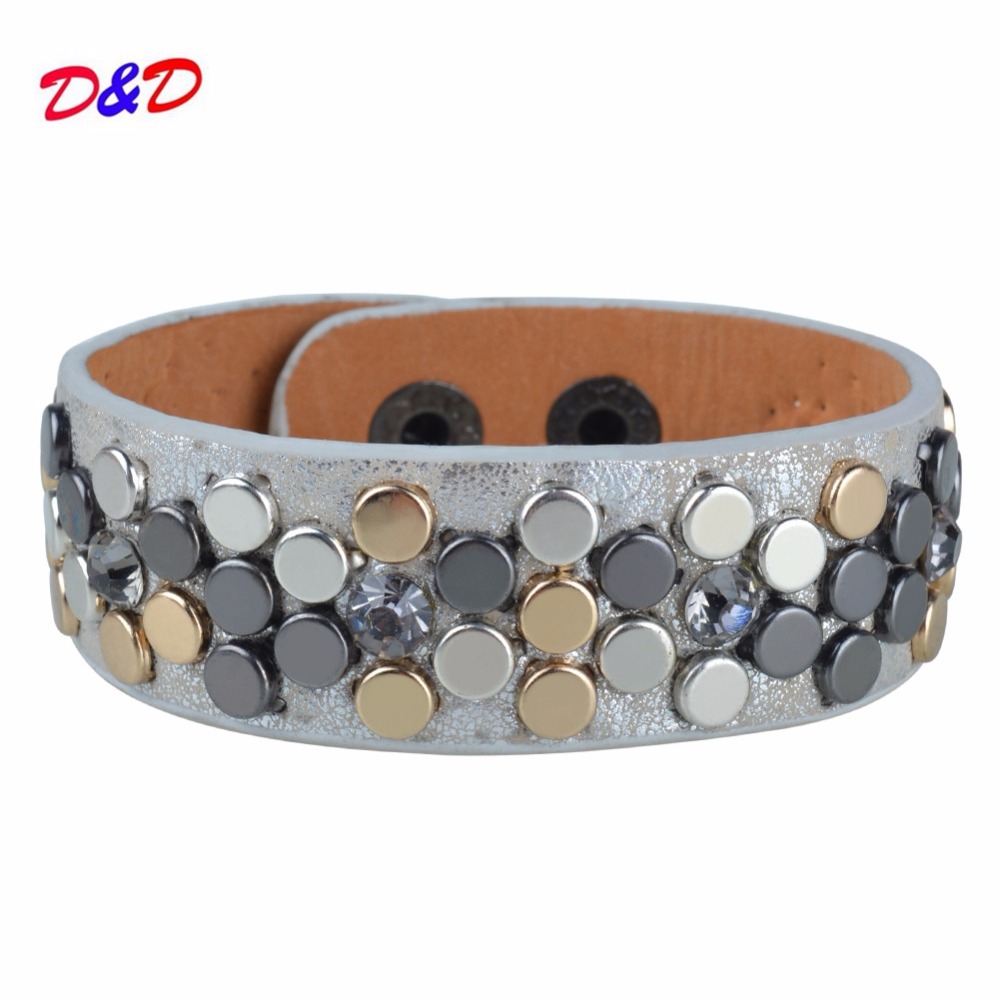 Damp;D Hot sale Paved Full Rivet Wide Leather Bracelets amp; Bangles punk Style Genuine Bracelet