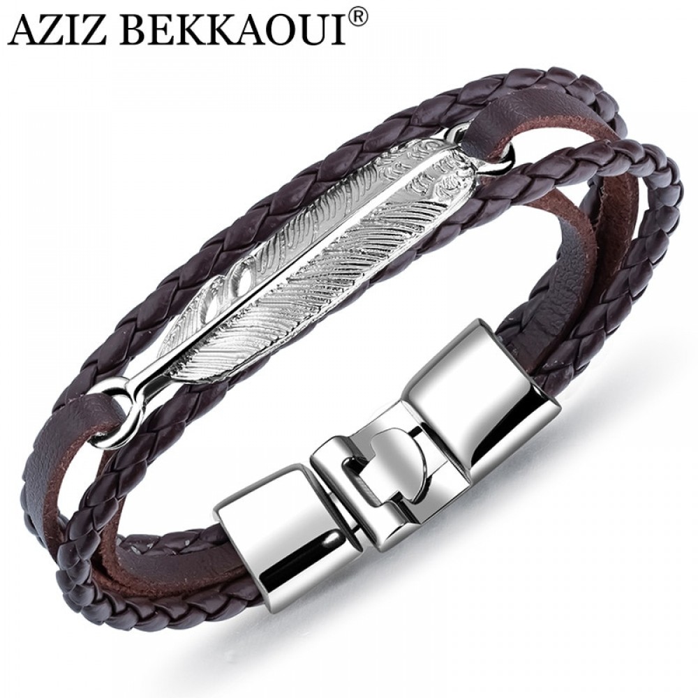AZIZ BEKKAOUI Stainless Steel Leather Bracelet for Men Feather Pattern Bracelet Braid Chain Bangle for Men Gift Drop Shipping