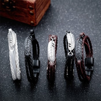 AZIZ BEKKAOUI Stainless Steel Leather Bracelet for Men Feather Pattern Bracelet Braid Chain Bangle for Men Gift Drop Shipping