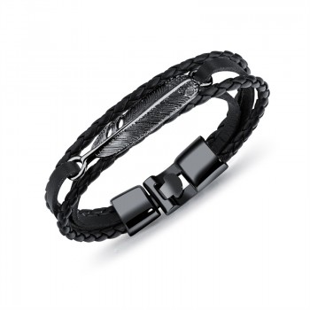 AZIZ BEKKAOUI Stainless Steel Leather Bracelet for Men Feather Pattern Bracelet Braid Chain Bangle for Men Gift Drop Shipping