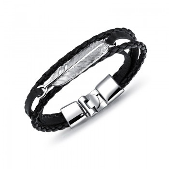 AZIZ BEKKAOUI Stainless Steel Leather Bracelet for Men Feather Pattern Bracelet Braid Chain Bangle for Men Gift Drop Shipping