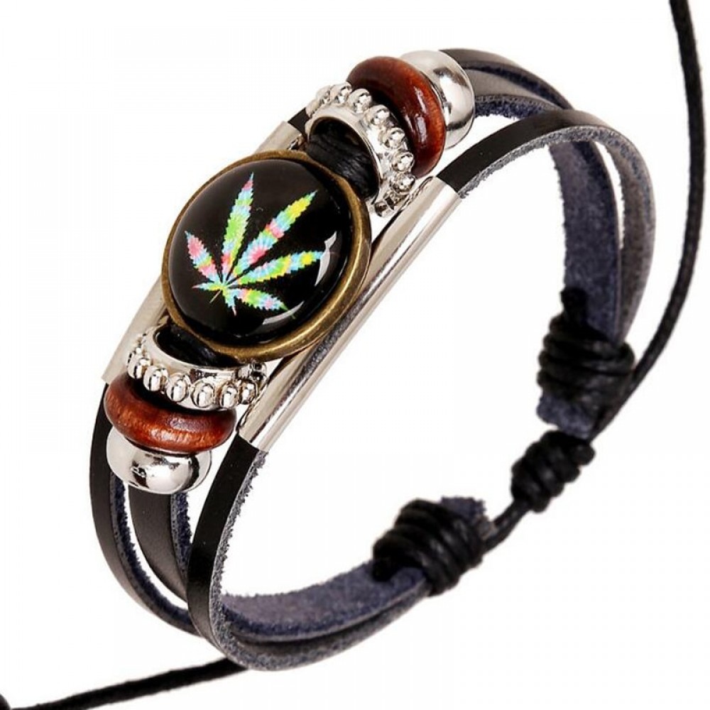 New Trendy Charm ID Bracelet Round Studded Male Leather Cuff Wrap Bracelet Wristband Jewelry Mens Color Maple Leaf Bangle