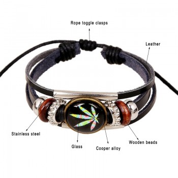 New Trendy Charm ID Bracelet Round Studded Male Leather Cuff Wrap Bracelet Wristband Jewelry Mens Color Maple Leaf Bangle