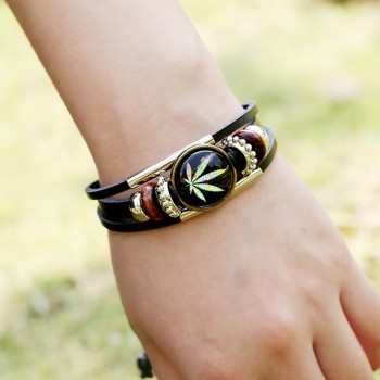 New Trendy Charm ID Bracelet Round Studded Male Leather Cuff Wrap Bracelet Wristband Jewelry Mens Color Maple Leaf Bangle
